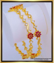 BNG577 - 2.8 Size Beautiful Flower Design White and Ruby Full Stone Bangles for Women 