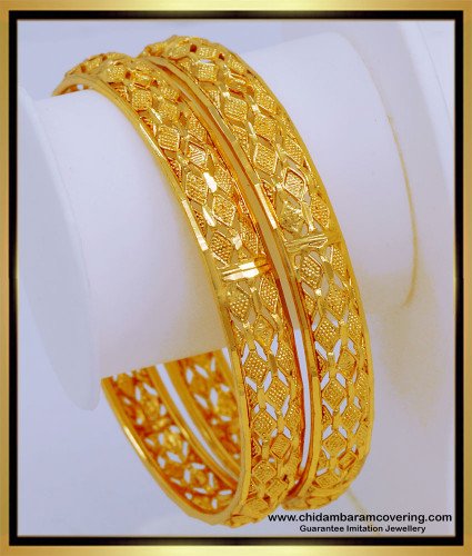 BNG578 - 2.10 Size Latest Diamond Cut Work One Gram Gold Bangles Design for Daily Use 