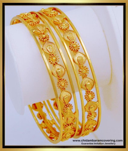 BNG579 - 2.6 Size New Gold Model Bangles Collection Flower Design 1 Gram Gold Bangles Buy Online