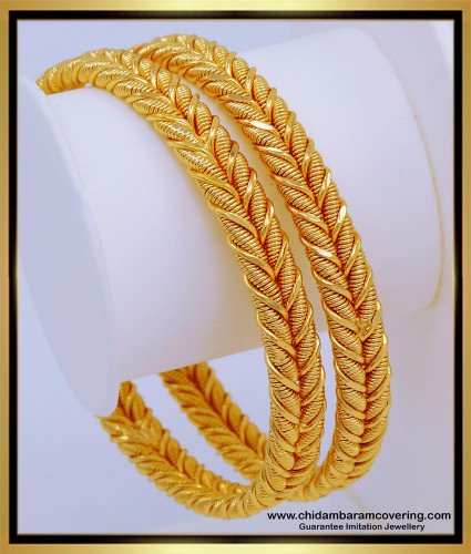 BNG580 - 2.4 Size Traditional South Indian Gold Plated Leaf Design Solid Bangles for Women 