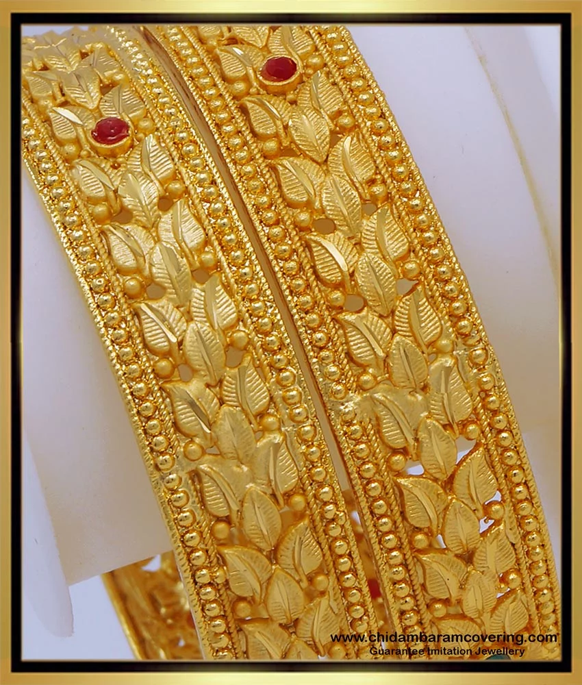 Buy One Gram Forming Gold Leaf Design Red and Green Stone Bangles ...