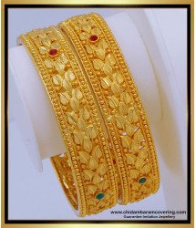BNG592 - 2.6 Size One Gram Forming Gold Leaf Design Red and Green Stone Bangles Design Online