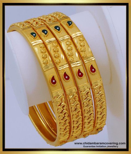 BNG594 - 2.6 Size Good Quality Forming Gold Bridal Wear Enamel 4 Bangles Set for Wedding 