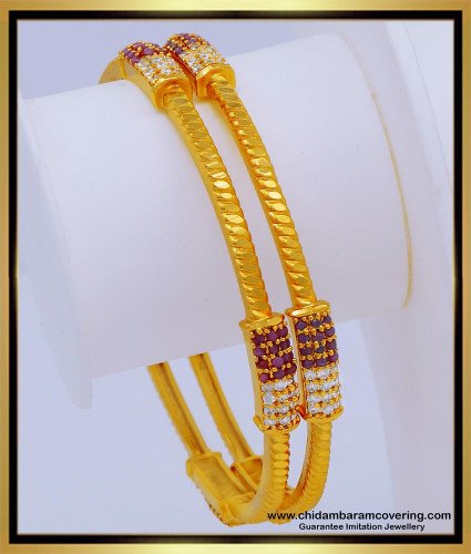 BNG598 - 2.8 Size Beautiful Simple Look One Gram Gold White and Ruby Stone Bangles Designs