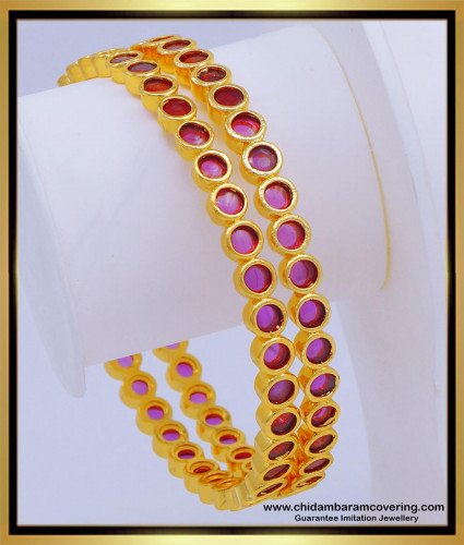 BNG600 - 2.8 Size Rich Look Gold Design Ruby Pink Stone Shiny Bangles for Women 