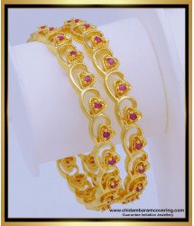 BNG603 - 2.4 Size Latest Gold Plated Broad Ruby Stone Heart Design Wedding Bangles Designs
