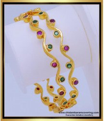 BNG605 - 2.8 Size Unique One Gram Gold Ruby Emerald Stone Thin Curvy Bangles for Girls