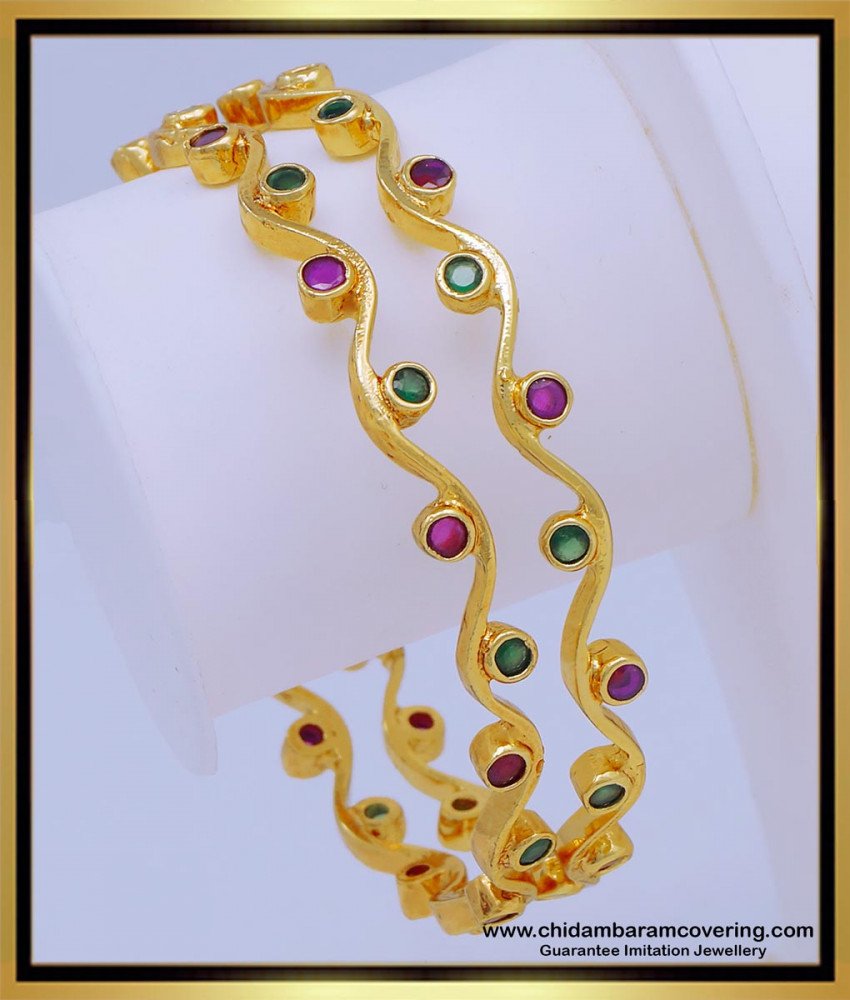 BNG605 - 2.4 Size Unique One Gram Gold Ruby Emerald Stone Thin Curvy Bangles for Girls