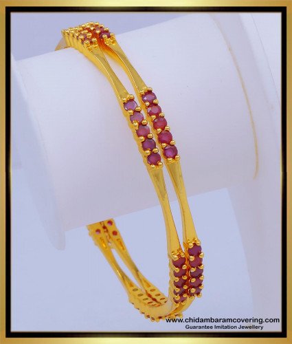 BNG606 - 2.6 Size Simple Light Weight Ruby Stone Gold Covering Party Wear Bangles Online