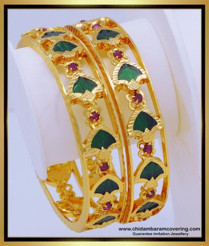 BNG615 - 2.8 Size Gold Plated Palakka Bangles Design Green Palakka with Stone Bangles Online