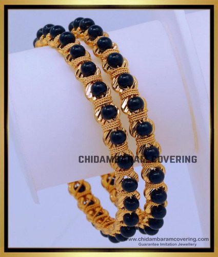 BNG683 - 2.6 Size One Gram Gold Plated Black Beads Bangles Design