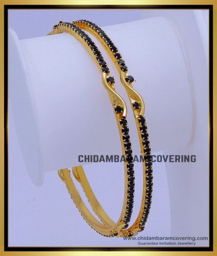 BNG719 - 2.8 Size Beautiful Gold Plated Black Stone Bangles for Ladies
