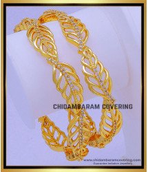 BNG730 - 2.10 Size Unique Leaf Design White Stone Gold Plated Bangles 