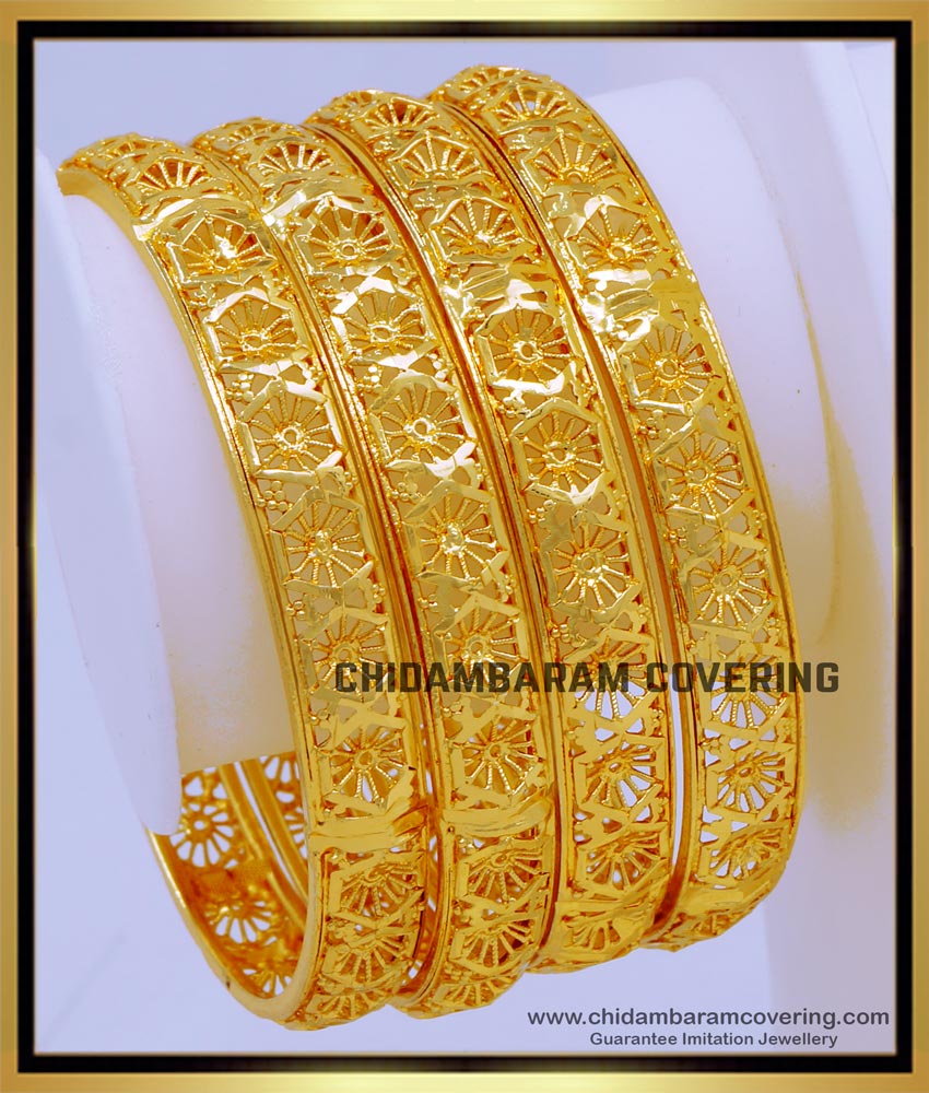 simple gold bangles design for ladies,1gm gold plated bangles, plain gold plated bangles design, 4 bangles set, guaranteed gold plated bangles