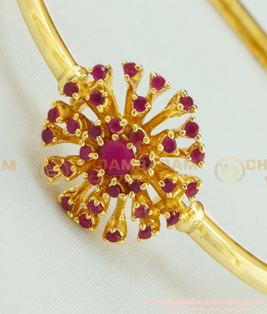 BCT110 - 2.6 size One Gram Gold Stylish Pink Stone Flower Design Open Type Kappu Bracelet for Girls