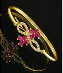 BCT127 - 2.6 size Stylish Ad Stone Pink Flower Design Open Kappu Type One Gram Gold Bracelet for Girls