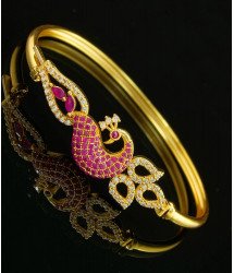 BCT130 - 2.4 New Fashion Gold Covering White and Ruby Stone Peacock Gold Kada Design Openable Bracelet 