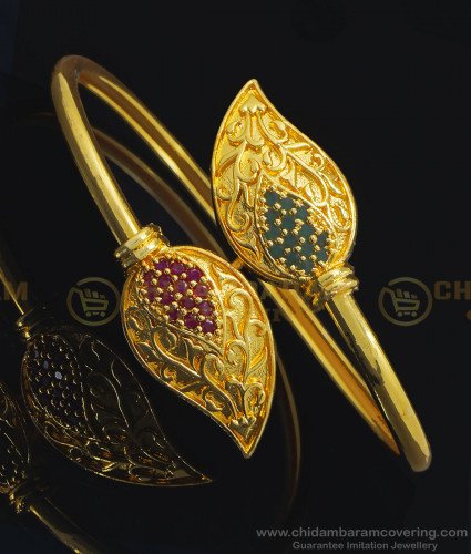 BCT229 - 2.6 Size Trendy Ruby Emerald Stone Leaf Design Bangles Type Bracelet for Women 