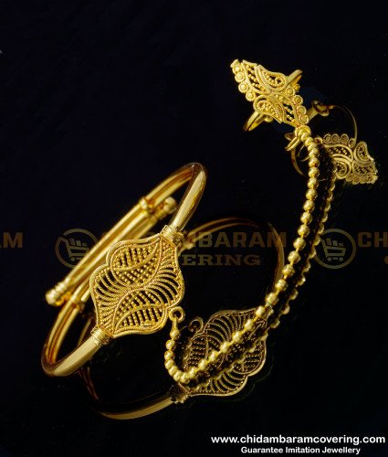 BCT269 - 2.6 size New Gold Hand Bracelet with Attached Finger Ring Panja Design for Girls