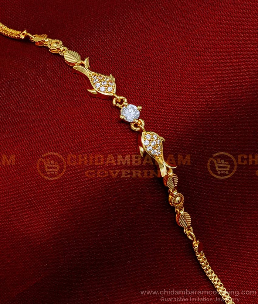 Stylish White Stone Fish Design Gold Plated Bracelet 