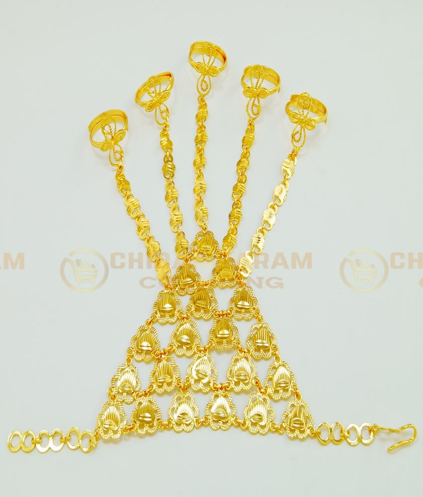 RNG004 - Real Gold Look Bridal Haath Pool Designs Gold Plated Bracelet with Adjustable 5 Rings Hand Set for Wedding
