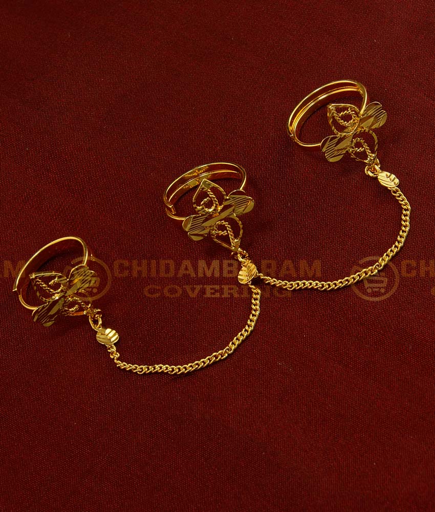 RNG006 - Simple and Unique One Gram Gold Adjustable Three Finger Rings Attached with Chain for Girls
