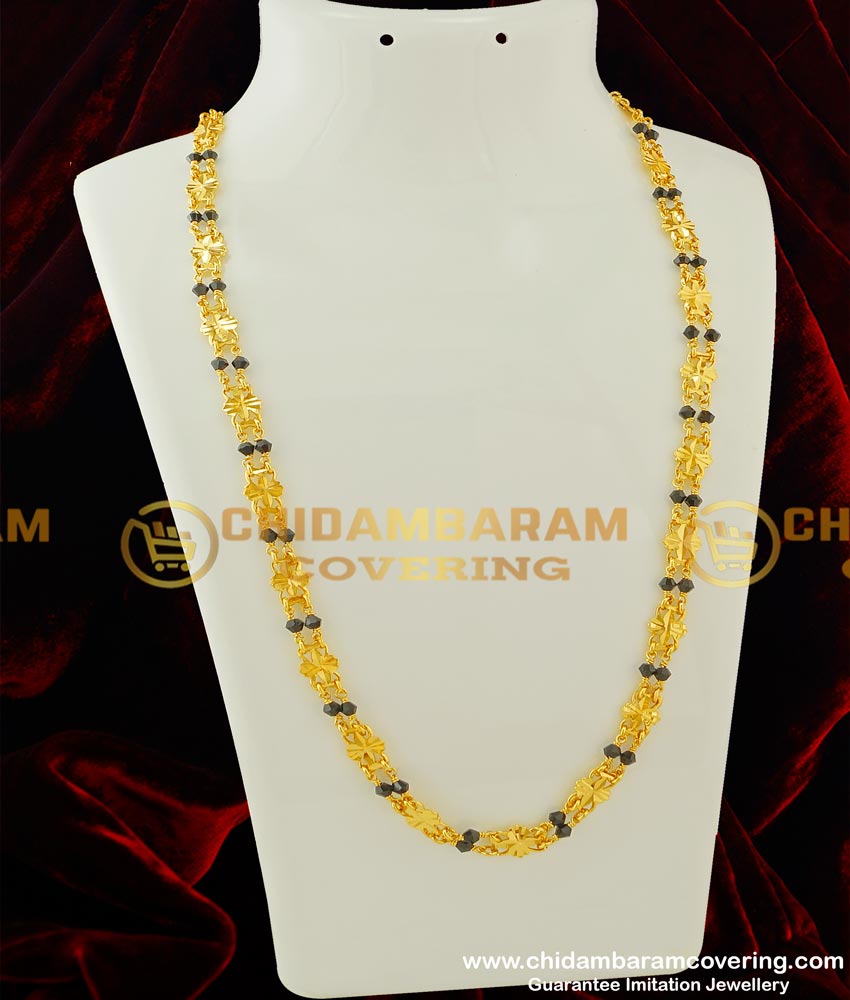 CHN068-LG - 30 inch Long New Rettai Vadam Black Crystal Chain with Flower Design Connector Two Line Chain Online