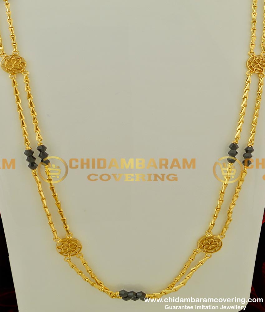 CHN070-LG - 30 Inches Long Rettai Vadam Black Crystal Glass Cutting Chain with Flower Design Connector Two Line Chain Online
