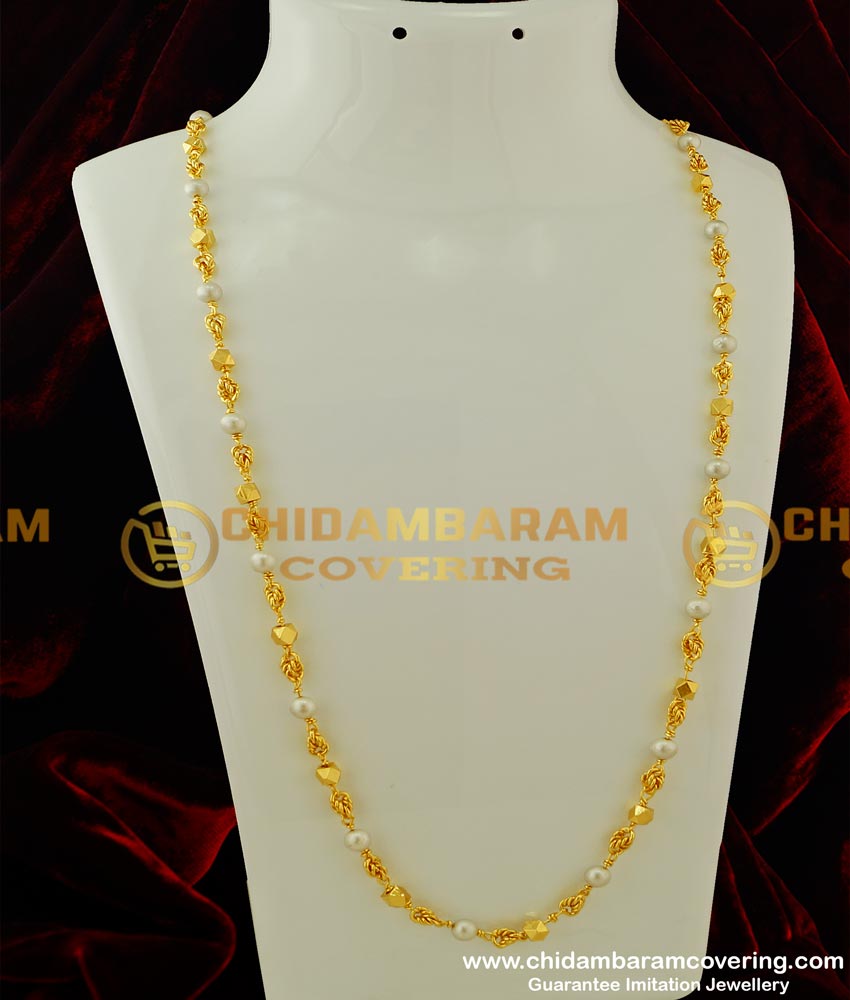 CHN076 -LG- 32 Inches Beautiful Long Gold Plated Designer Gold Beads With Pearl Chain Designs For Women 