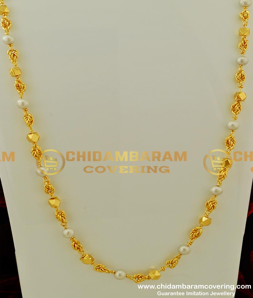 CHN076 -LG- 32 Inches Beautiful Long Gold Plated Designer Gold Beads With Pearl Chain Designs For Women 
