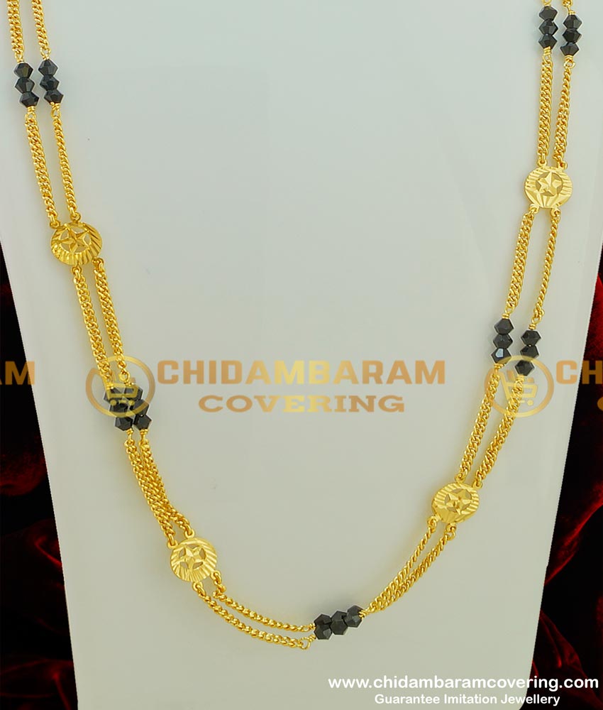 CHN077 - Muslim Wedding Gold Chain Design Double Line Karugamani Chain with Crescent Moon Connector Chain Online
