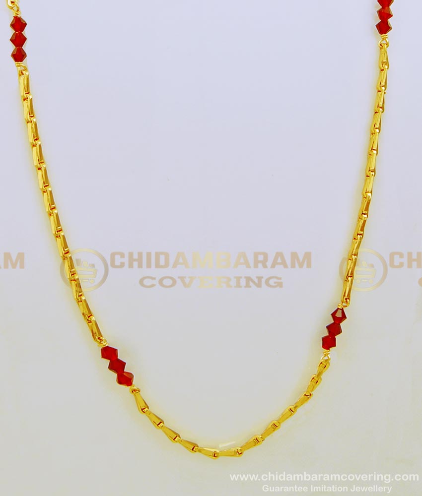 CHN151 - Red Crystal Three Beads with Wheat Chain Design South Indian Gold Plated Jewellery