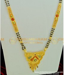 CHN118 - 30 Inches Forming Gold Plated Enamel Design Black Beads Long Mangalsutra for Women