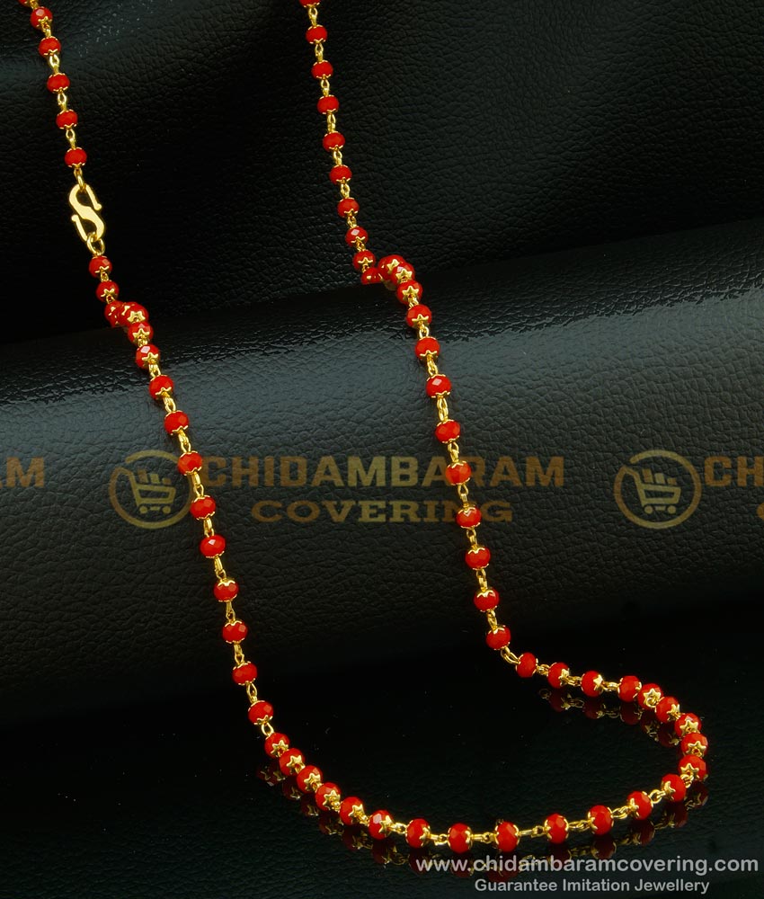 CHN124 - Trendy Red Beads Chain One Gram Gold Plated Light Weight Red Crystal Chain Designs 