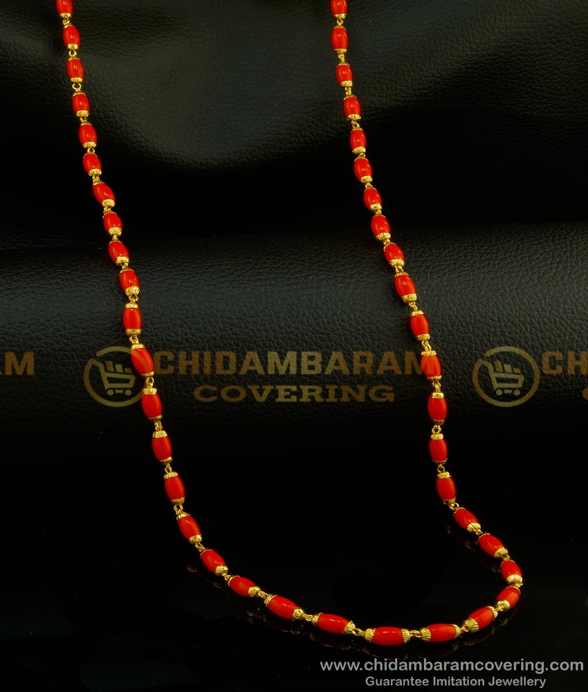 CHN135 - Traditional Red Coral Beads Chain One Gram Gold Plated Red Beads Chain Designs