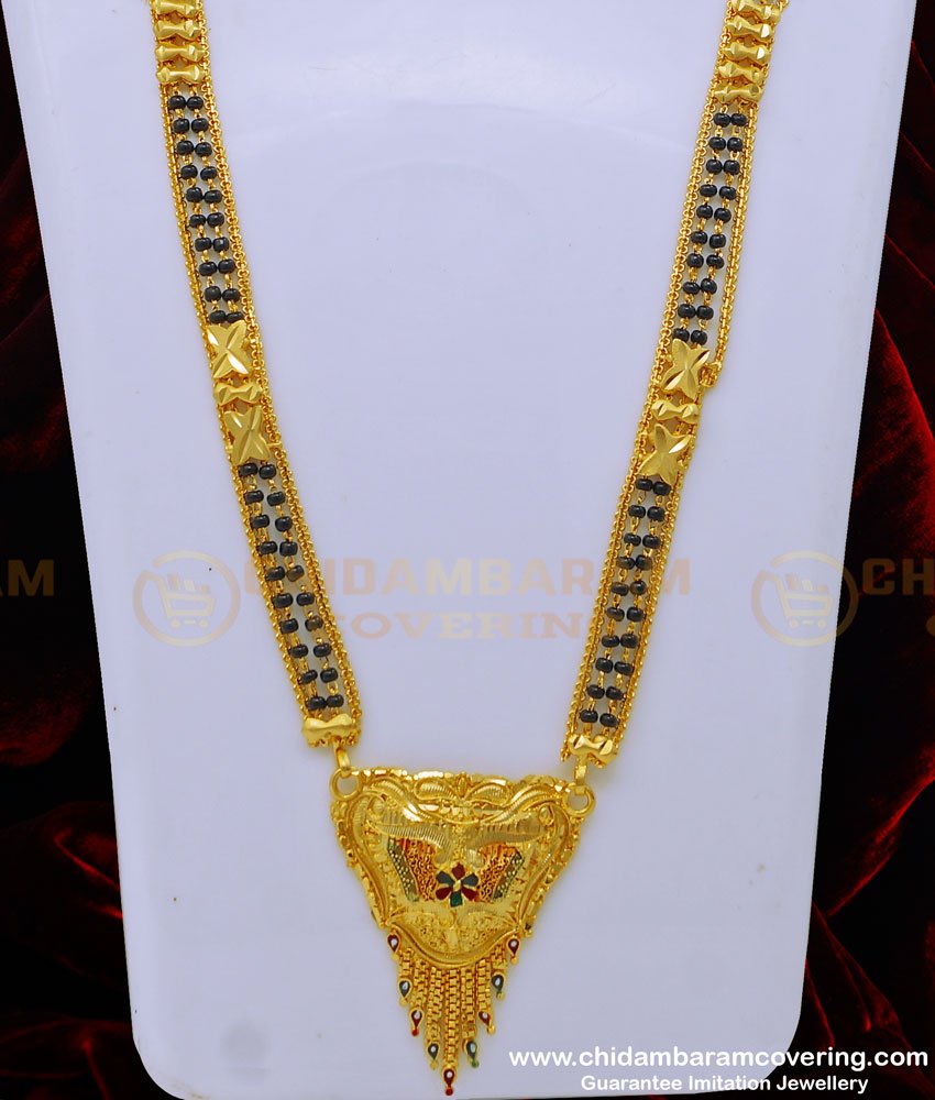 CHN215 - 30 Inches Traditional Mangalsutra with Black Beads Forming Gold Long Mangalsutra Online