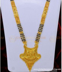 CHN217 - 30 Inches Gold Pattern Gold Forming 3 Line Daily Wear Long Black Beads Mangalsutra Designs