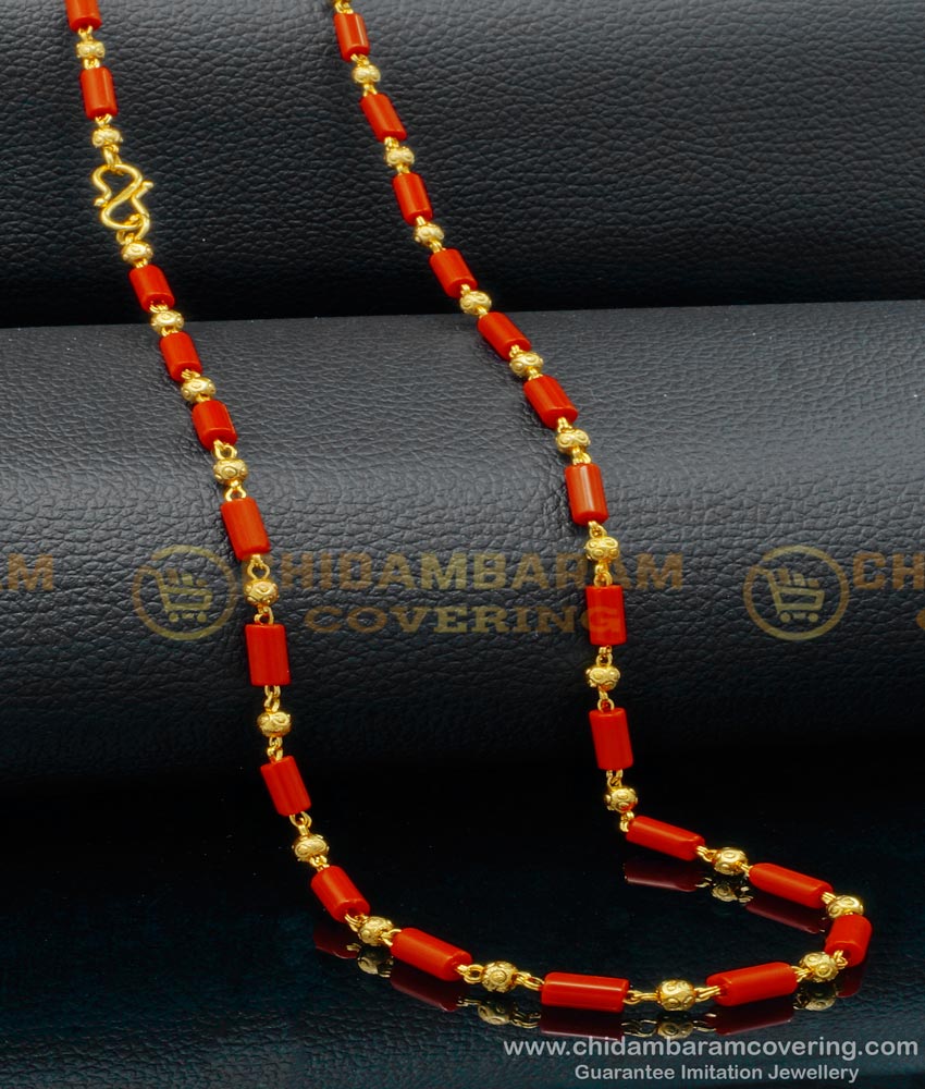 pavalam chain, sigappu pavalm chain, new model red beads chain, red coral chain, lal moti chain, 