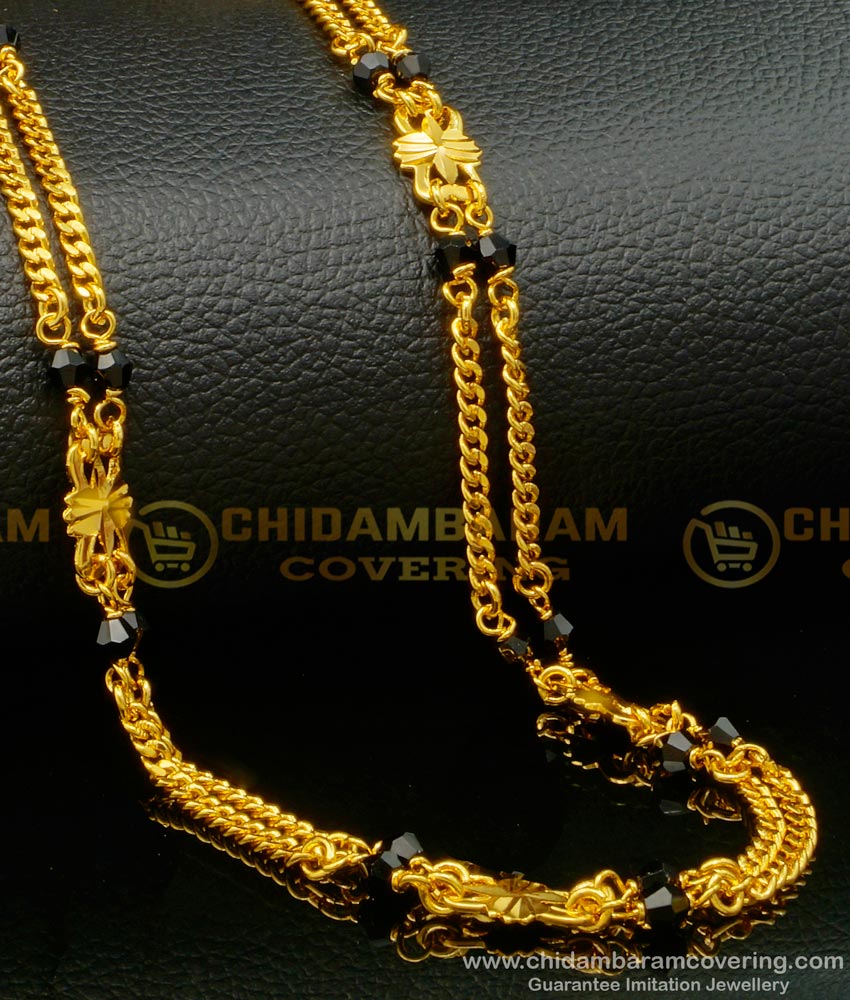  gold black crystal chain, kari mani chain, black beads chain for ladies, Black beads Chain Models, Simple black beads chain Gold