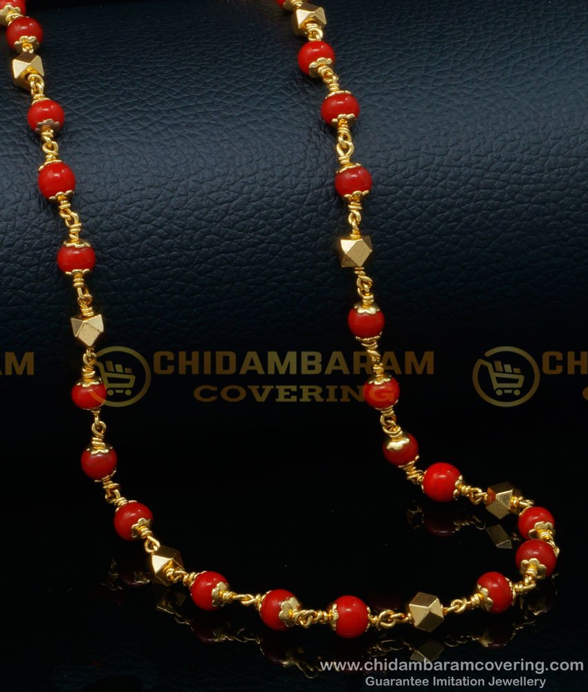 coral chain designs, coral chain, pavazham chain, red beads chain, long moti chain, gold moti chain, lal moti chain, pavalam chain, coral gold chain designs, pavalam chain design