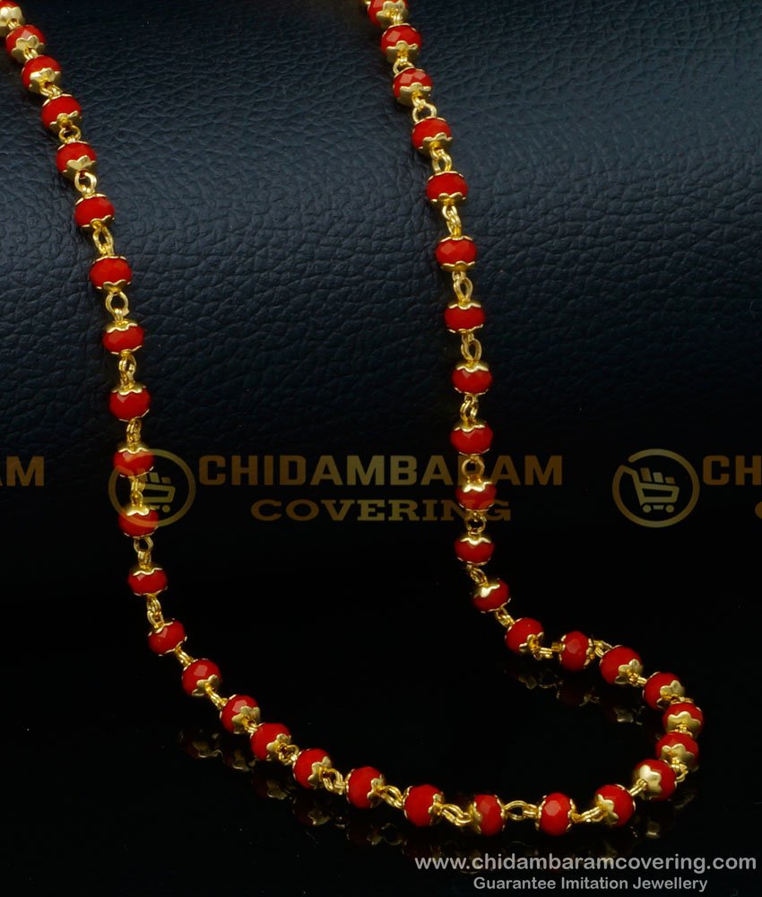 gold chain with red beads, red beads necklace indian designs, red beads jewellery, crystal chain, long beads chain, gold chain design for regular use,