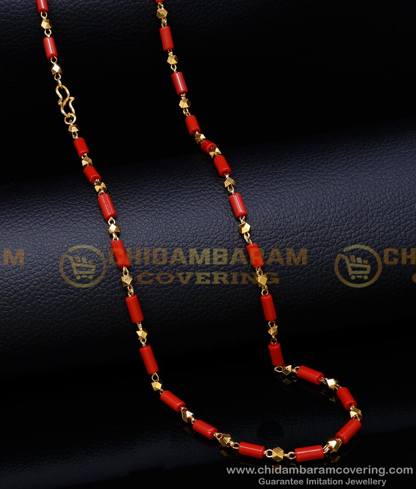 pavalam chain, sigappu pavalm chain, new model red beads chain, red coral chain, lal moti chain, red moti mala designs, pavalam gold chain designs, 