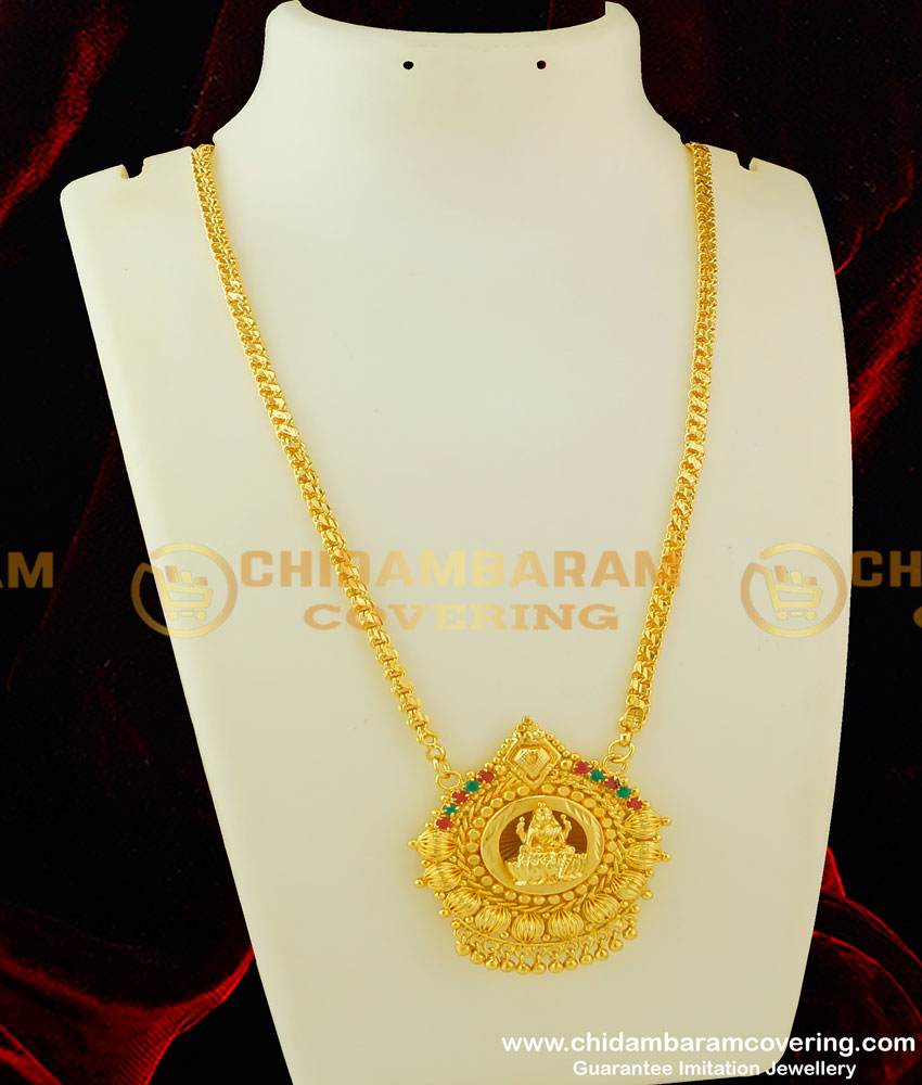 DCHN078 - Latest Gold Look Ruby Emerald Lakshmi Dollar Design with Chain for Wedding 