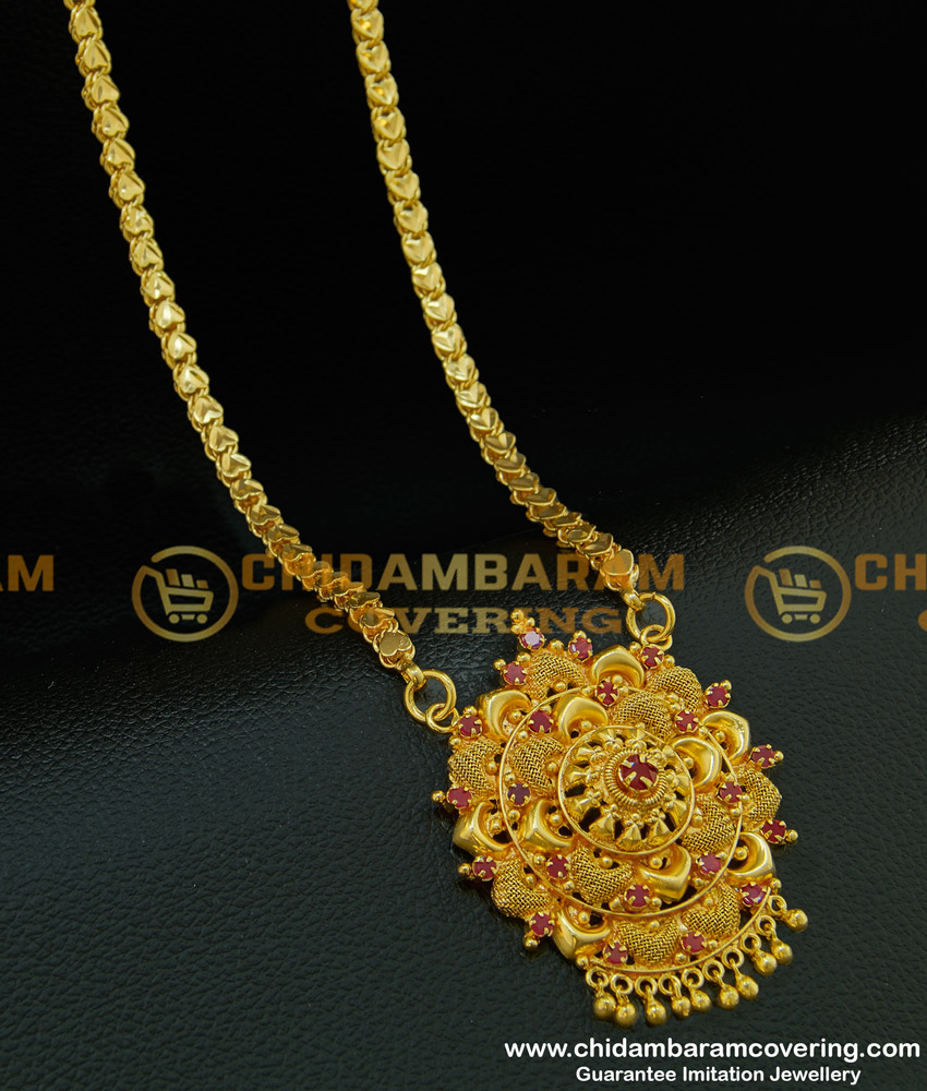 DCHN084 - Pure Gold Plated Gold Ruby Stone Flower Design Pendant Chain Online