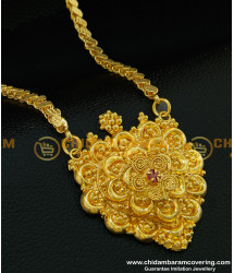 DCHN085 - New Pattern Single Ruby Stone Locket Design With Leaf Cutting Long Chain Buy Online