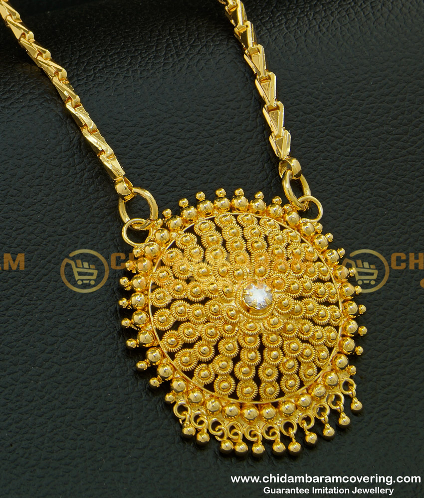 DCHN102 - Kerala Gold Design White Stone Gold Plated Big Dollar with Chain for Women