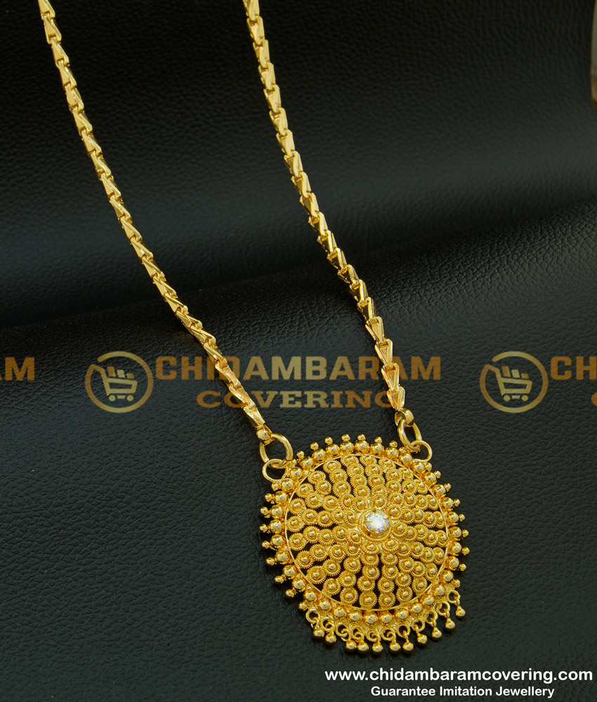 DCHN102 - Kerala Gold Design White Stone Gold Plated Big Dollar with Chain for Women