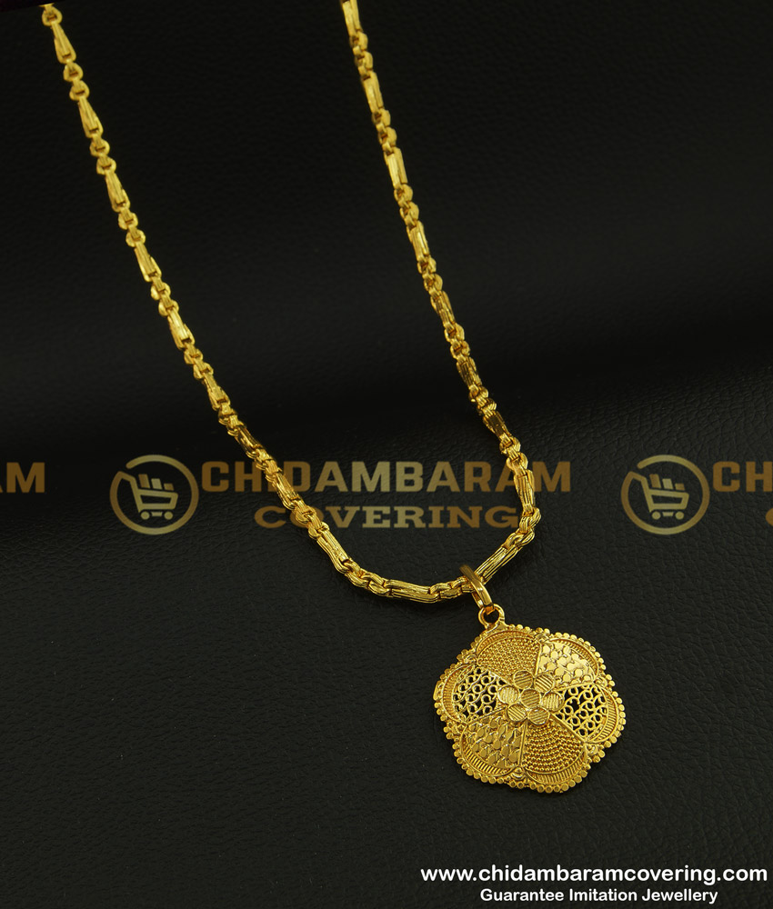 DCHN111 - One Gram Gold Daily Wear Simple Gold Dollar Design Pendant Chain Guaranteed Jewellery 