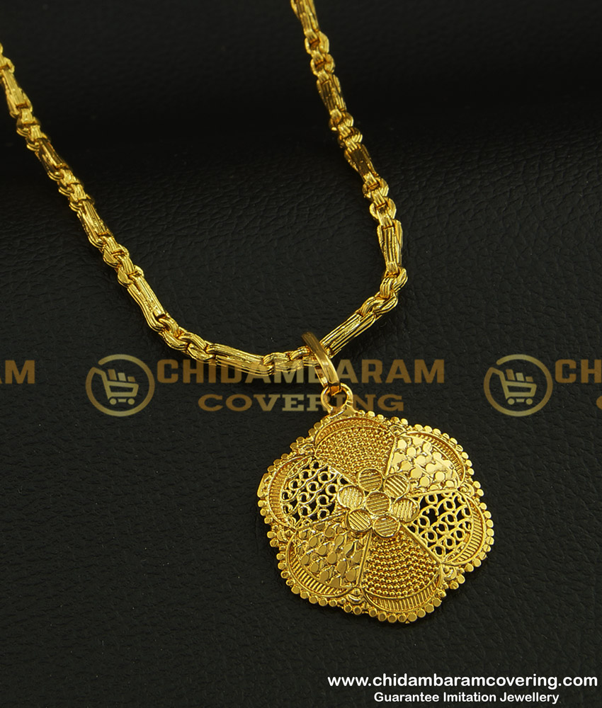 DCHN111 - One Gram Gold Daily Wear Simple Gold Dollar Design Pendant Chain Guaranteed Jewellery 