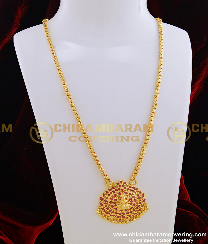 DCHN118 - New Arrival Gold Lakshmi Pink Stone Pendant Design With 24 Inches Box Chain for Ladies